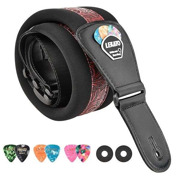 "LEKATO 3" Padded Bass Guitar Strap - Adjustable 45"-55", Includes Picks & Safety Locks"