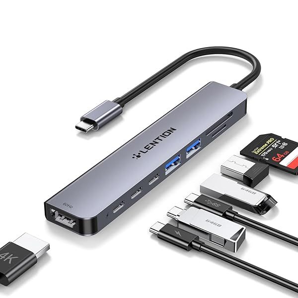 Lention 8 in 1 USB C Hub with 4K HDMI Adapter and Multiple Ports for MacBook Pro Air Surface and More