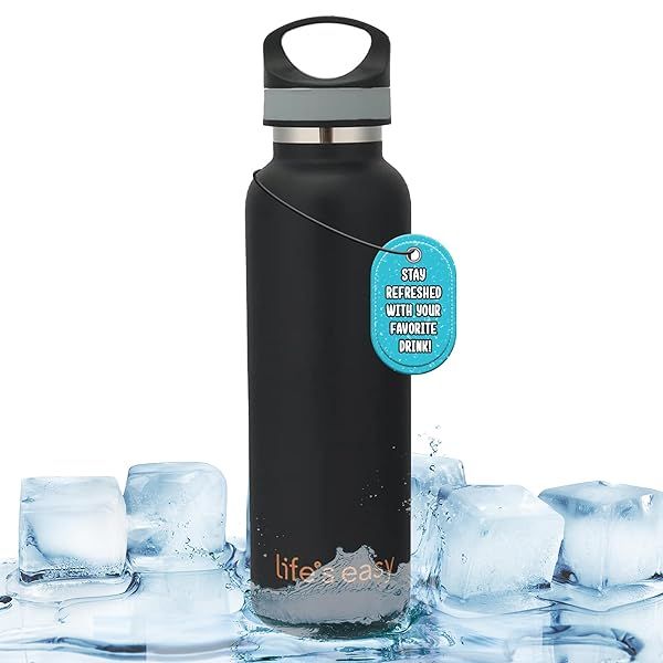 LIFES EASY Insulated Sports Water Bottle 20 oz Stainless Steel Vacuum Flask for Hot and Cold Drinks Travel Bottle for Men and Women Black