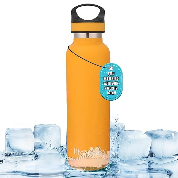 LIFES EASY Insulated Sports Water Bottle 20 oz Stainless Steel Vacuum Flask for Hot Cold Drinks Travel Bottle for Men Women Yellow