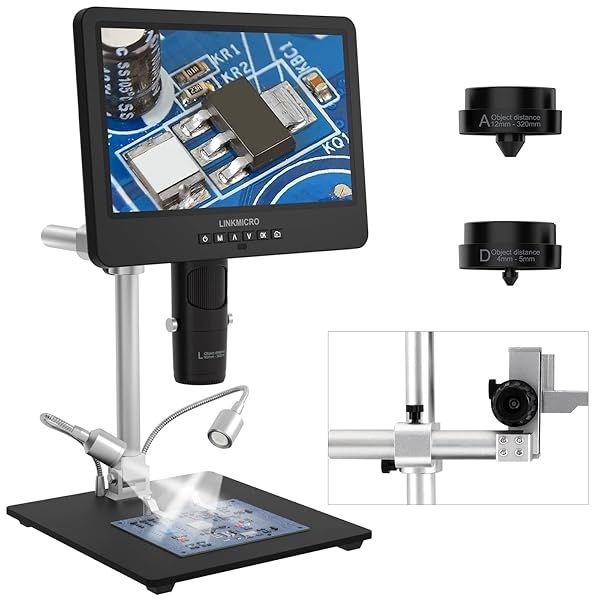LINKMICRO LM249MS 3 Lens 10.1 Inch HDMI Digital Microscope 2000X for Electronic Repair with Boom Arm Stand UHD 2160P Video and 32GB Storage
