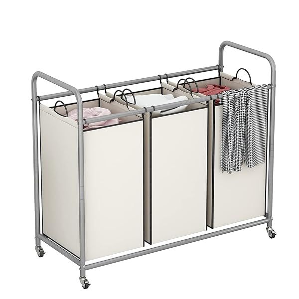 LINZINAR 3-Bag Laundry Sorter with Rolling Lockable Wheels and Removable Bags for Easy Laundry Organization Beige