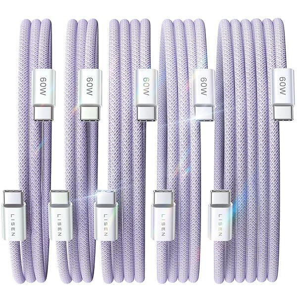 LISEN USB C Cable 5-Pack Fast Charging for iPhone 15 Pro Max Samsung S23 MacBook Air Pro 2020 60W Type C Charger 10FT 6FT 3FT