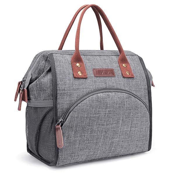 LOKASS Insulated Lunch Bag for Women - Durable Wide-Open Tote for Work, Picnic & Hiking - Large Drinks Holder, Grey