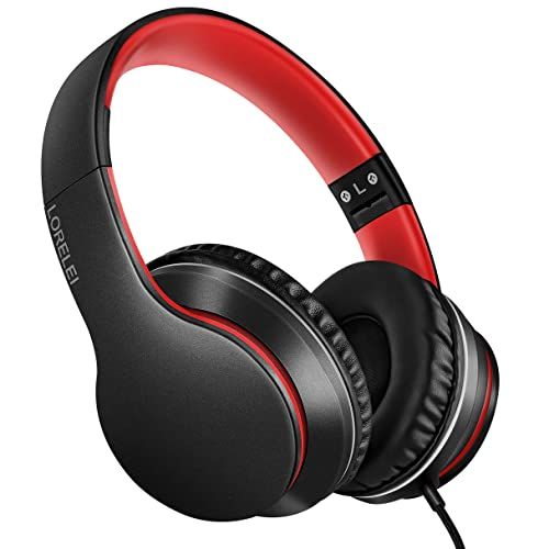 LORELEI X6 Lightweight Over-Ear Headphones with Microphone Portable Stereo Bass Wired for Smartphone Tablet MP3 Black-Red