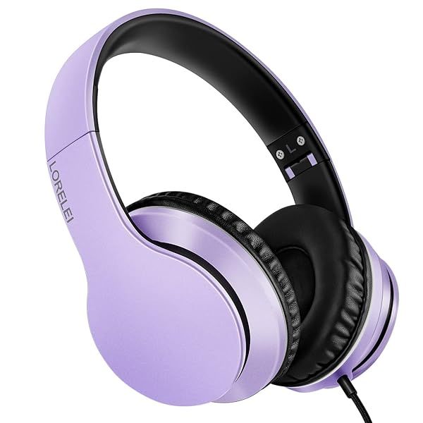 LORELEI X6 Lightweight Over-Ear Headphones with Microphone Portable Stereo Bass Wired for Smartphone Tablet MP3 Purple-Black
