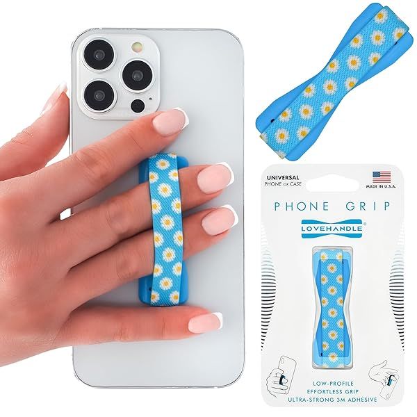 LOVEHANDLE Universal Phone Grip for Smartphones Mini Tablets Wireless Charging Compatible Made in The USA Blue Happy Daisy