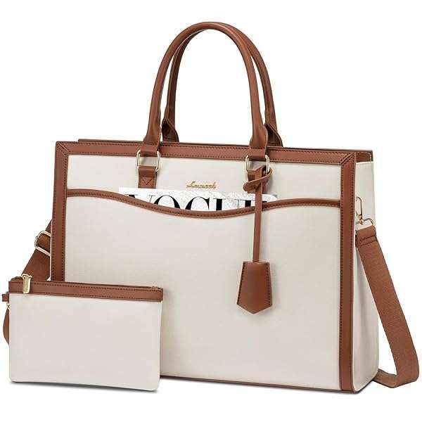 "LOVEVOOK 15.6" Laptop Tote Bag for Women - Lightweight Canvas Briefcase & Travel Handbag Set in Beige-Brown"