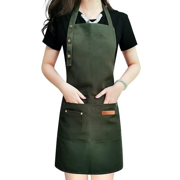 LOYGLIF Adjustable Apron for Men & Women - Waterproof Canvas Chef Bib with Large Pockets in Green