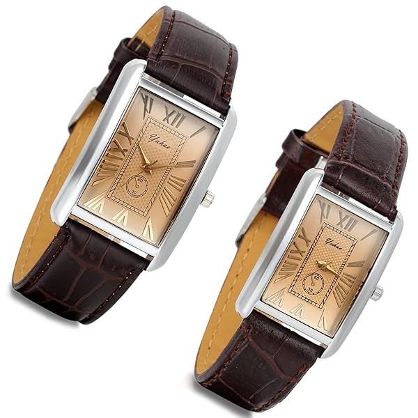 Lancardo Romantic Couple Watch Set Square Vintage Silver Tone Brown Leather Wristwatch for Men and Women Perfect Valentine's Day Gift