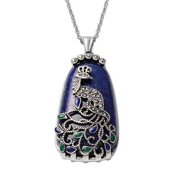 Lapis Lazuli Marcasite Enamel Peacock Pendant Necklace for Women Stainless Steel 20 Inch Delicate Jewelry Birthday Gifts