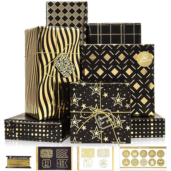 Larcenciel Metallic Black Gold Foil Gift Wrapping Paper Set 6 Sheets with Tags and Stickers for Birthdays Anniversaries and Graduations
