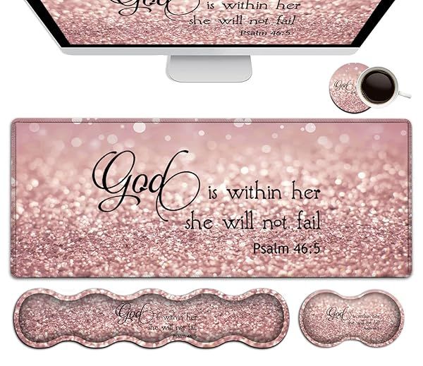 Large Mouse Pad, Desk Mat, Keyboard Pad+ Ergonomic Keyboard Wrist Rest Set,Extended Laptop Protector Writing Mat for Home Office Desktop, Psalm 46:5