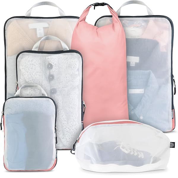 TRIPPED Travel Gear Large Packing Cube Set - Compression Organizers with See-Through Mesh in Dusty Rose