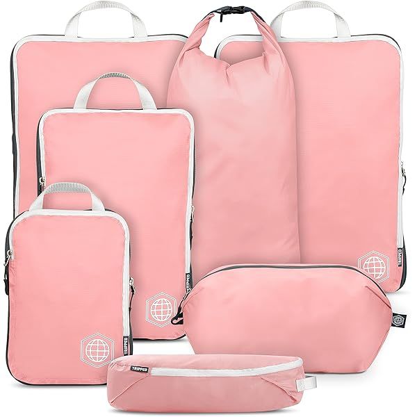 Extra Large Packing Cubes Set - Ultralight Compression Luggage Organizers for Travel by TRIPPED (Dusty Rose) - 7 Piece Set