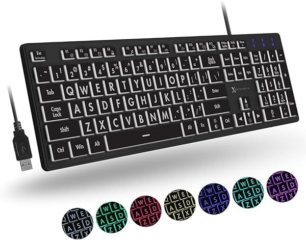 X9 Large Print Backlit Keyboard Wired Light Up Computer Keyboard for PC and Laptop Easy to See and Type Illuminated Keys for Seniors