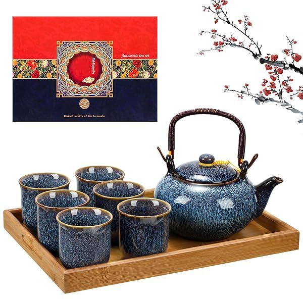 Layhit Japanese Tea Set for Adults 1 Teapot 6 Cups Tray Traditional Portable Porcelain Gift for Women Mother's Day Blue