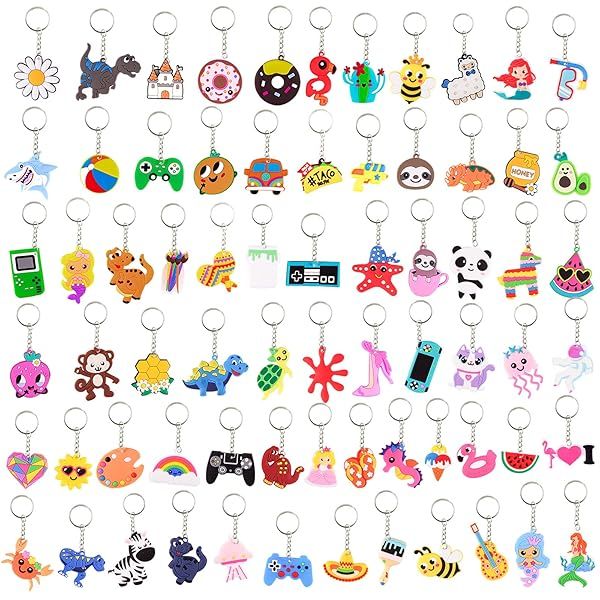 Lecinc 70Pcs Video Game Party Favors Keychains for Kids Birthday School Party Bulk Supplies Dinosaur Donut Marine Animal Mermaid Rainbow