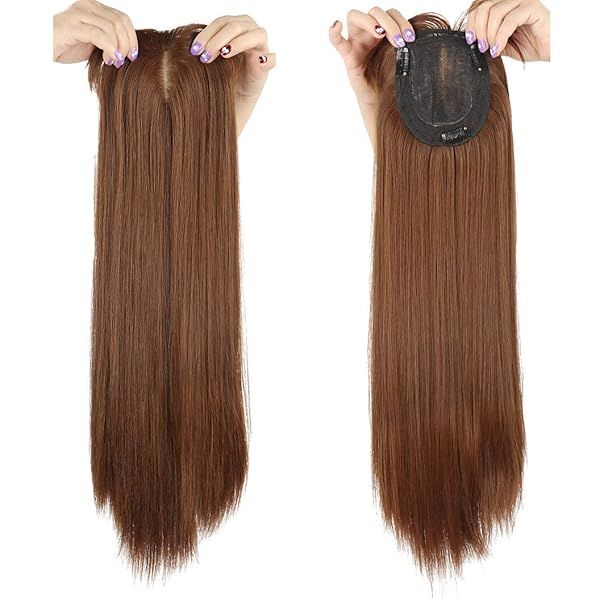 50cm Long Seamless Nature Look Clip in Hairpiece with Side Fringe Extension Crown Topper for Women with Thinning Straight Light Brown Hair