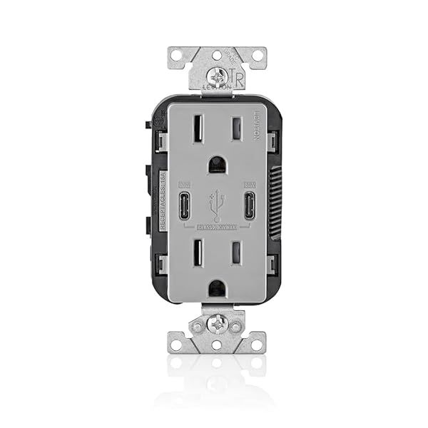 Leviton T5635-G USB Dual Type-C In-Wall Charger with 15A Outlet - Fast Charging for Smartphones & Laptops