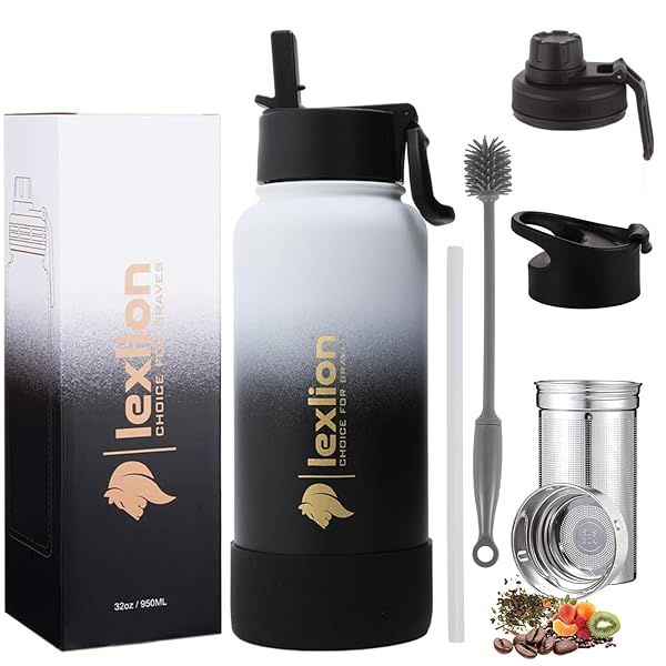 Lexlion 32 Oz Triple Walled Insulated Stainless Steel Fruit Infuser Water Bottle with Leakproof Design and 3 Lids for Ultimate Hydration