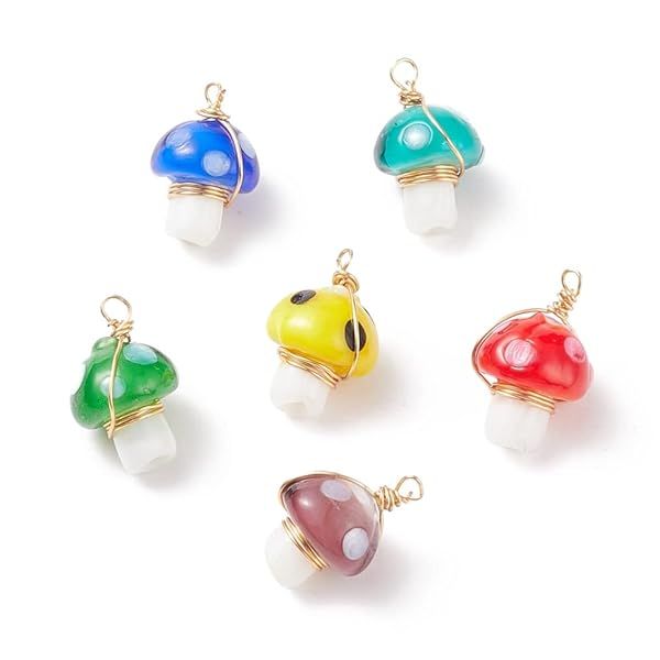 LiQunSweet 50 Pcs Handmade Lampwork Glass Mushroom Charms with Copper Wire for Jewelry Making
