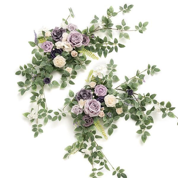 Ling's moment 2PCS Artificial Floral Swags Centerpieces Wedding Flower Purple Rose Garland Greenery Arrangements for Sweetheart Head Table Decor Car