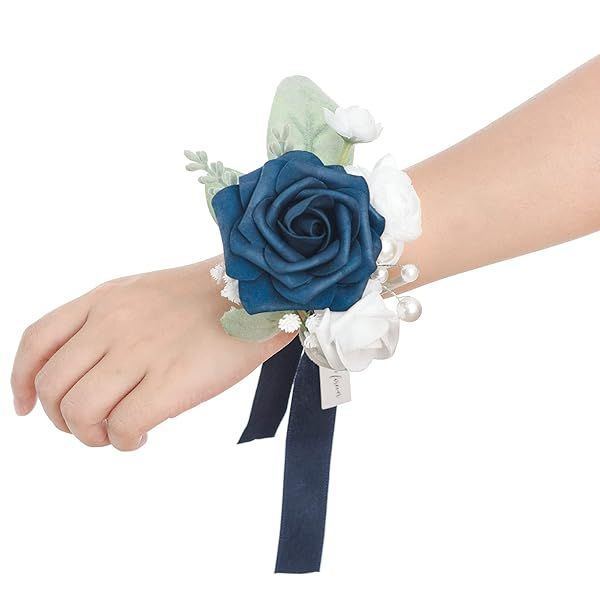 Ling's Moment 6pcs Navy Blue Wedding Wrist Corsage Artificial Flowers for Girls and Mothers Homecoming Prom Decor