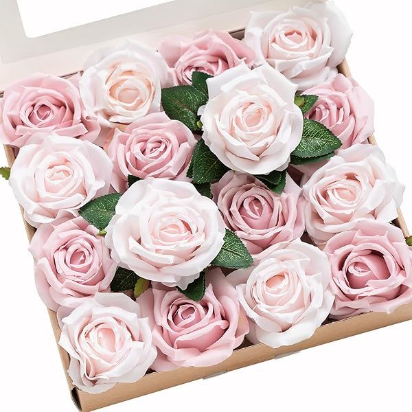 Ling's Moment 16pcs Blush Pink Silk Roses Real Look 3.5" Ombre Slate Pink Vendela Roses for DIY Wedding Bouquets Centerpieces Home Decor