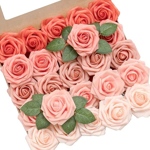 Ling's Moment 25Pcs Coral Roses Realistic Foam Flowers for Wedding Bouquets Centerpieces Outdoor Party Decor Room Table Garden Decorations