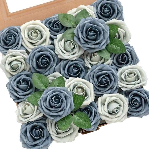 25Pcs Dusty Blue & Navy Artificial Roses - Real Touch Foam Flowers for Wedding Bouquets, Centerpieces & Home Decor