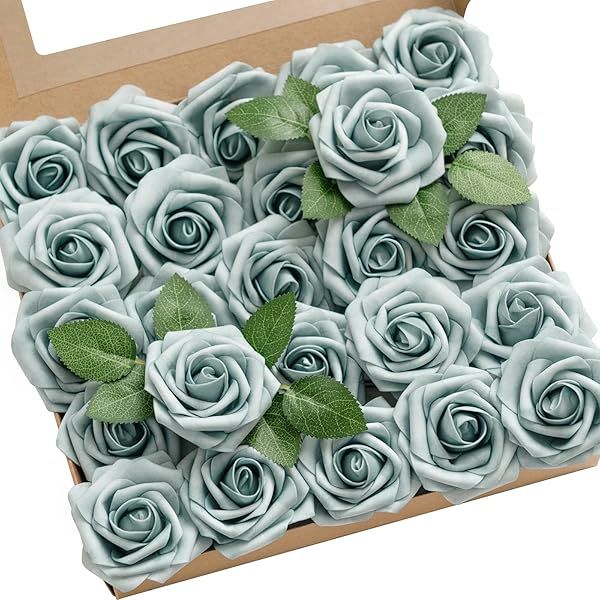 Ling's Moment 25Pcs Dusty Blue Roses Artificial Flowers Real Touch Foam for Wedding Bouquets Centerpieces and Home Decor