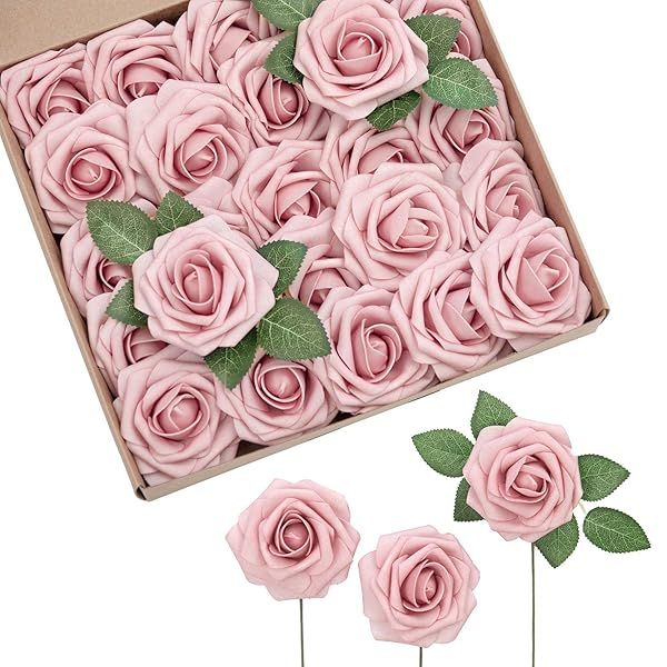 Ling's Moment 25Pcs Shabby Blush Roses Artificial Flowers Real Touch Foam for Wedding Bouquets Centerpieces and Home Decor