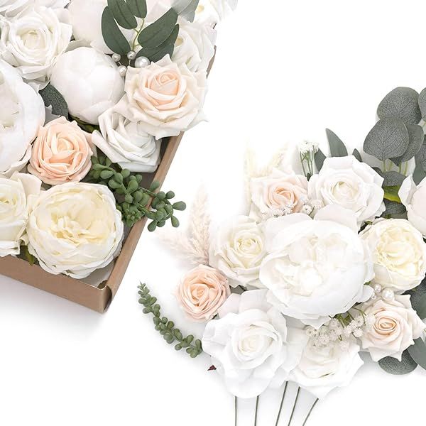 Ling's Moment Artificial Flowers Box Set White and Sage for DIY Wedding Bouquets Centerpieces Party Baby Shower Home Decor
