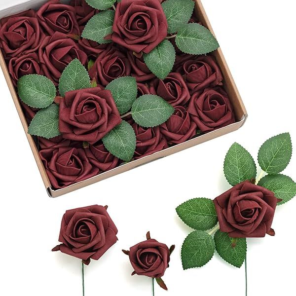 Ling's Moment Burgundy Rose Buds and Small Roses with Stem for DIY Wedding Bouquets Centerpieces Party Baby Shower Home Decor
