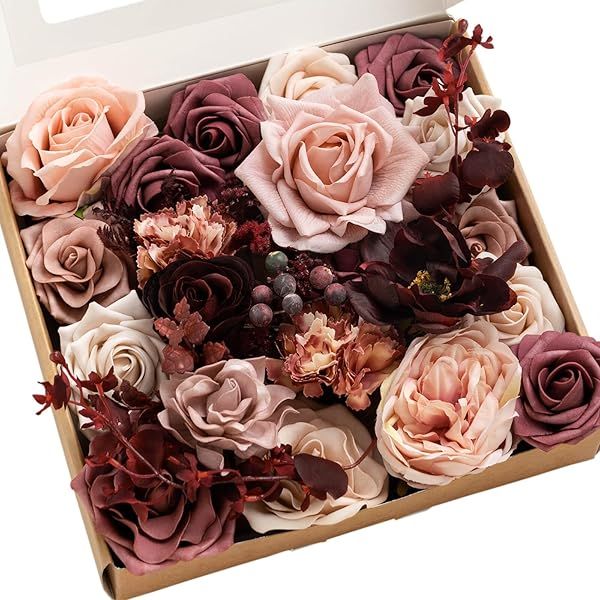 Ling's moment Artificial Flowers Combo Box Set, Dusty Rose and Lana Mauve for DIY Wedding Bouquet, Centerpieces Decor, Floral Arrangement Decor