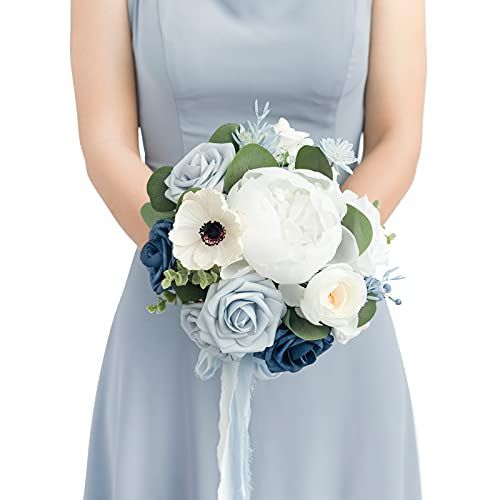 Ling's Moment Dusty Blue Bridesmaid Bouquet 7 Inch Artificial Flowers for Weddings and Anniversaries