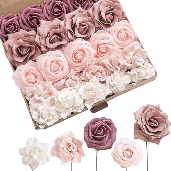 Ling's Moment Faux Foam Roses and Gardenia Combo for DIY Wedding Bouquets and Home Decor 24pcs Mauve and Blush