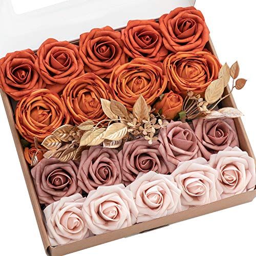 Ling's Moment Artificial Silk Roses Faux Foam Flower Combo for DIY Wedding Bouquets Centerpieces Bridal Shower Home Decor Orange Dusty Rose 21pcs