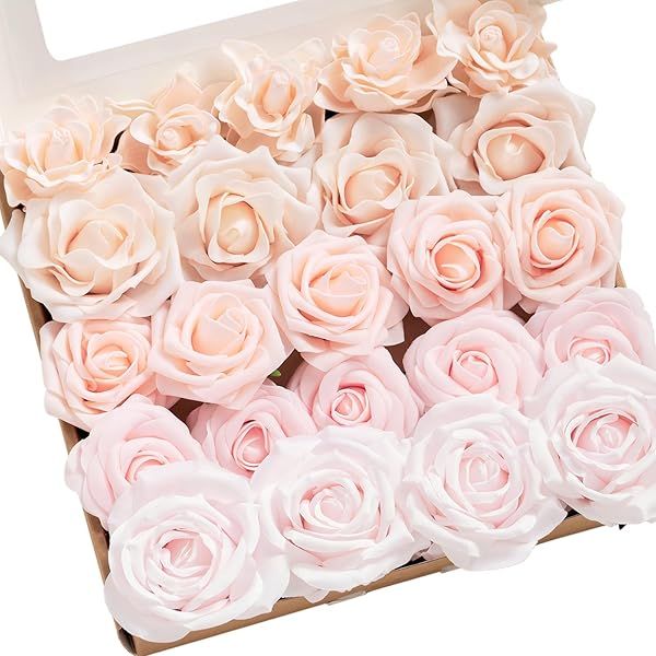 Ling's Moment Pale Pink Artificial Flowers Silk Roses and Foam Gardenia Combo for DIY Wedding Bouquets and Home Decorations 23pcs