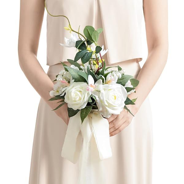 Ling's moment Artificial Flowers White Bridesmaid Bouquet, White and Sage Wedding Flowers Bouquets for Bridesmaids, 7 Inch Bridal Bouquets for