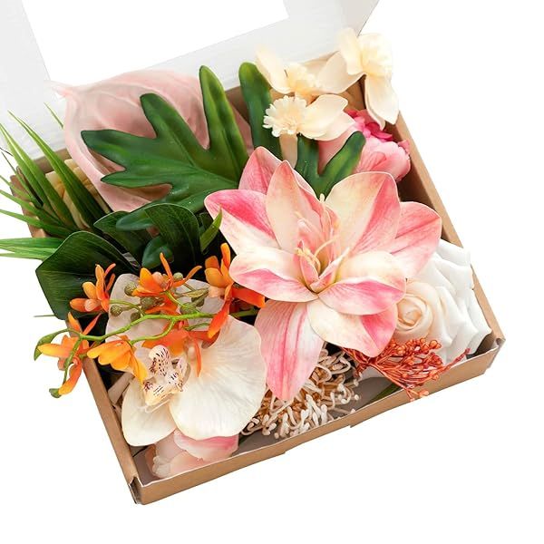 Ling's moment Fake Flowers Box, Faux Artificial Greenery Stems Foam Roses Anthurium Silk Lily Palm Fabic Flower for Centerpieces Bouquet Wedding Vase
