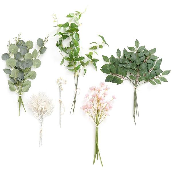 Ling's Moment 42pcs Artificial Greenery Stems Box Set for DIY Bridal Bouquets Wedding Floral Arrangements and Table Centerpieces Green Pink