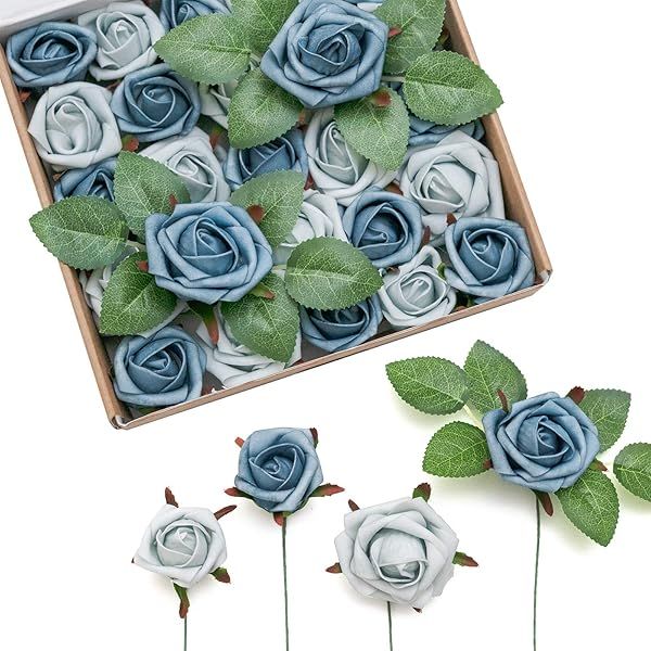 Ling's Moment 24 Pack Artificial Rose Buds and Petite Roses for DIY Wedding Bouquets Centerpieces Decorations Dusty Blue Shades