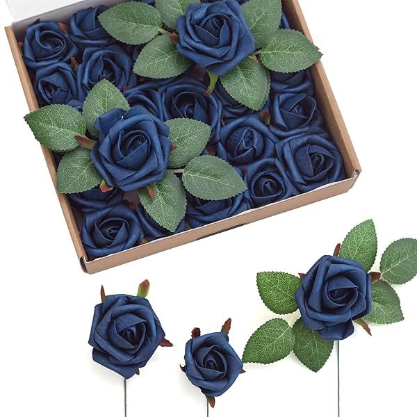 Ling's Moment Navy Blue Artificial Rose Buds and Petite Roses Pack of 24 for DIY Wedding Bouquets Centerpieces and Decorations