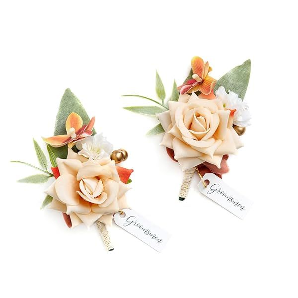 Ling's moment Boutonniere for Men, 2pcs Groom Groomsmen Guest Boutonniere, Artificial Flowers for Wedding Prom Homecoming, etc.Fall Terracotta Orange