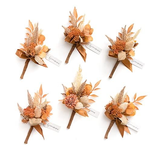 Ling's moment Boutonniere for Men, 6pcs Groom Groomsmen Boutonniere, Artificial Flowers for Wedding Decor Prom Homecoming, etc.Rust Boho Terracotta
