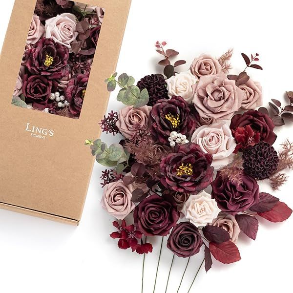Ling's Moment Burgundy Dusty Rose Artificial Flowers and Greenery Combo Box Set for DIY Wedding Bouquets and Centerpieces Decor
