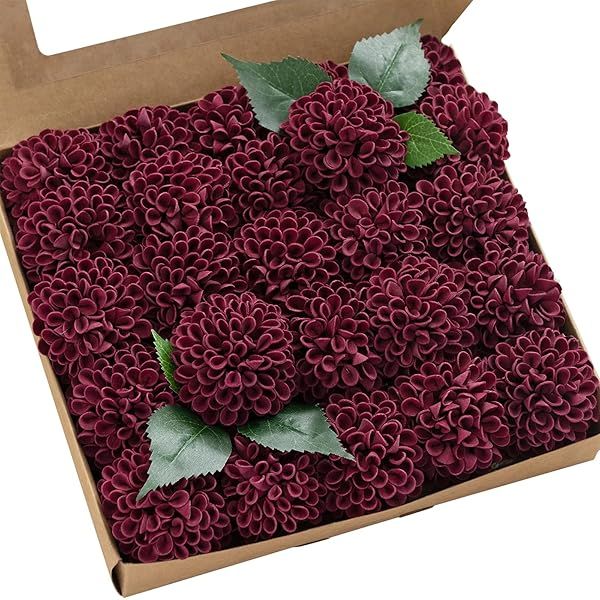Ling's Moment Burgundy Dahlia Foam Artificial Flowers Real Touch for Home Decor Wedding Gifts Centerpieces 25pcs