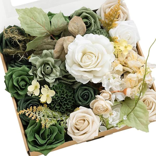 Ling's moment Fake Flowers Box, Faux Artificial Greenery Stems Foam Roses Dahlia Silk Ranunculus Fabic Flower for Centerpieces Bouquet Wedding Vase